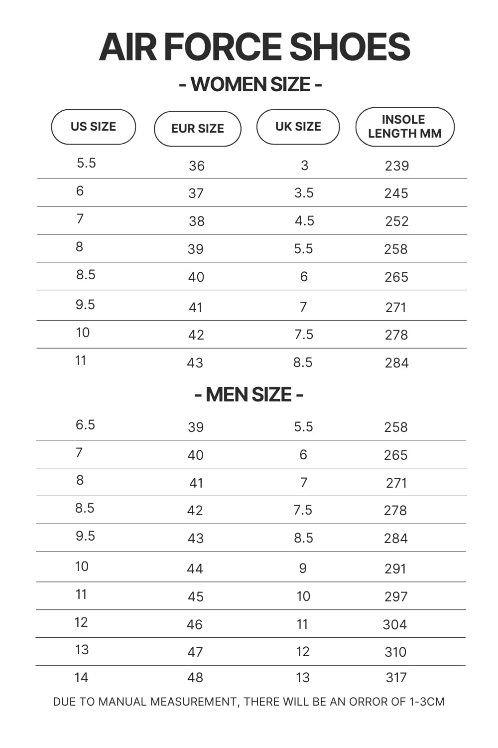 Air Force Shoes Size Chart - Black Pink Merch