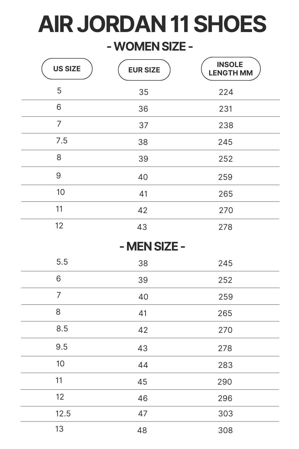 Air Jordan 11 Shoes Size Chart - Black Pink Merch