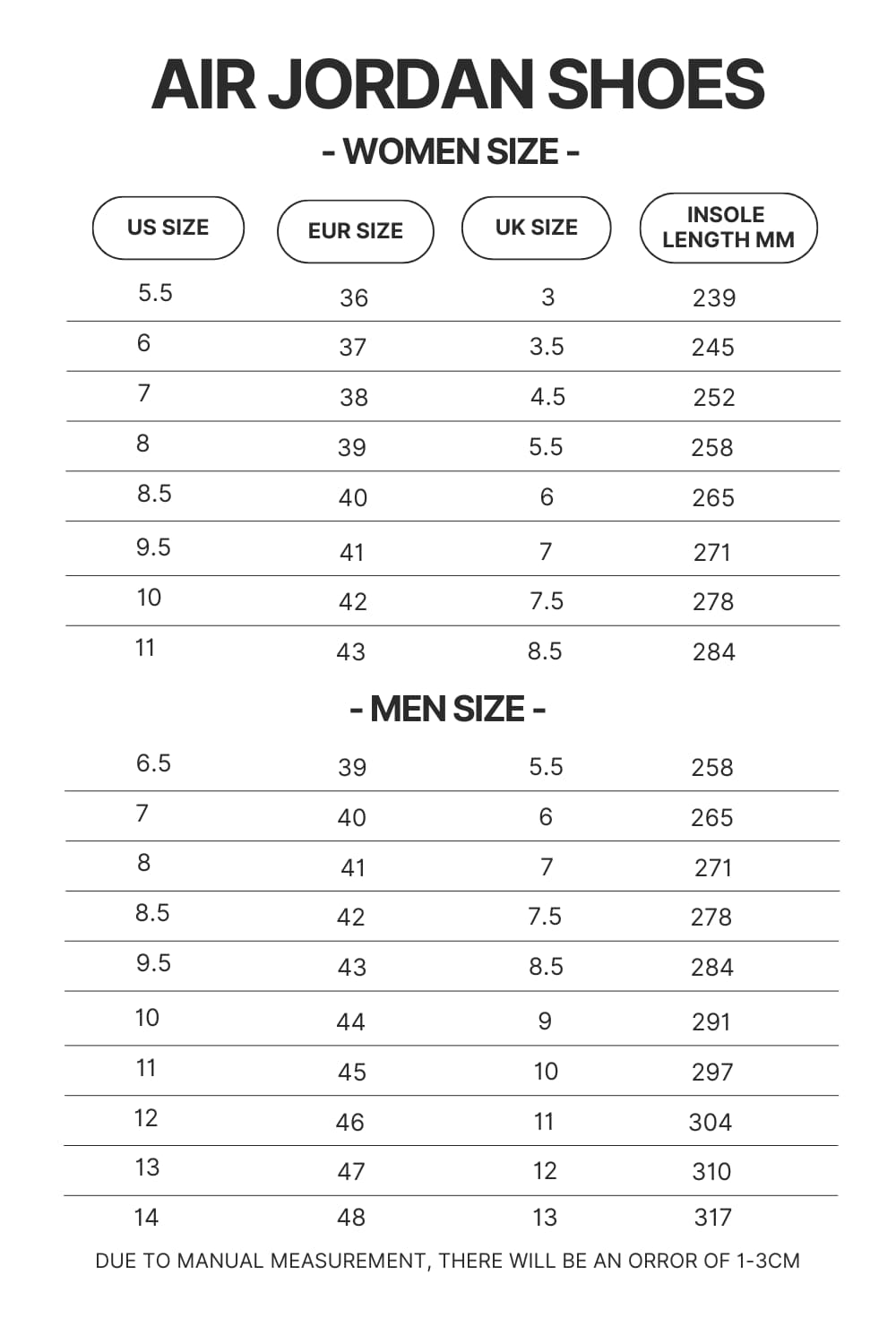 Air Jordan Shoes Size Chart - Black Pink Merch