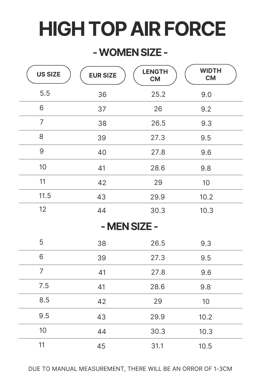 High Top Air Force Shoes Size Chart - Black Pink Merch