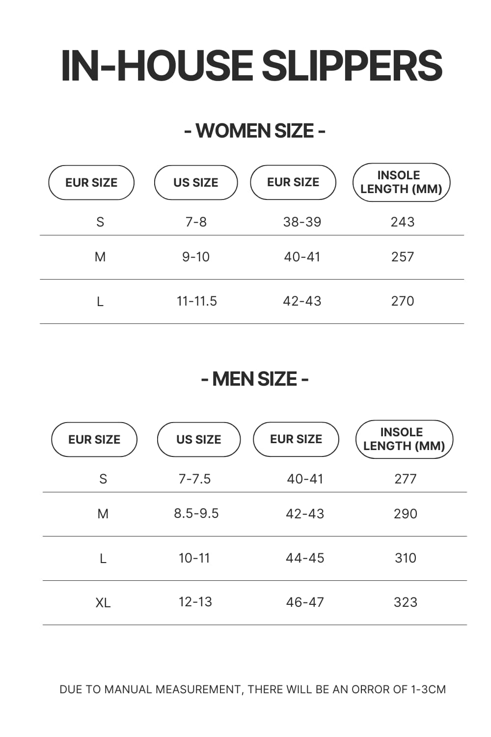 In House Slippers Size Chart - Black Pink Merch