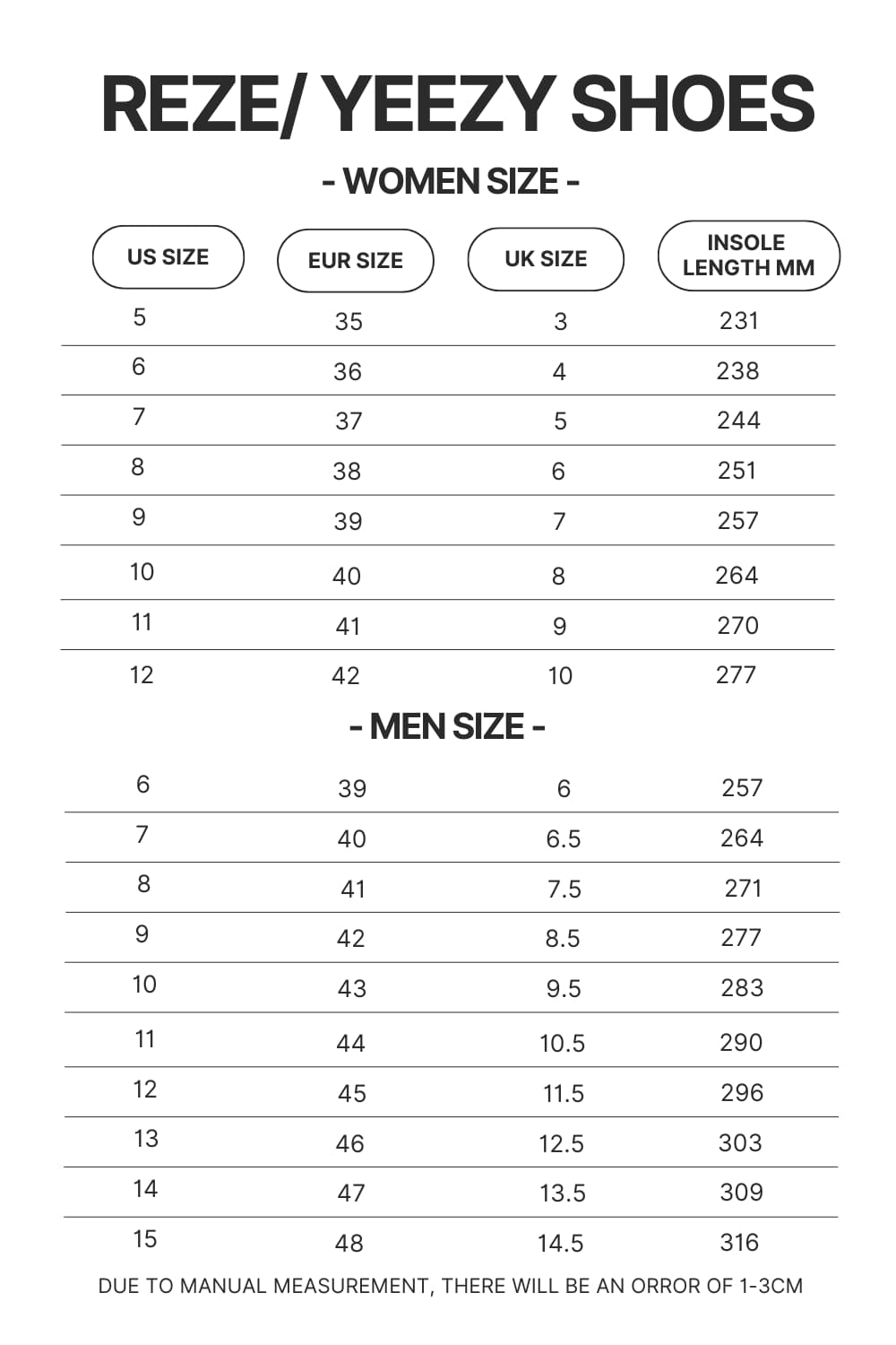 Reze Yeezy Shoes Size Chart - Black Pink Merch